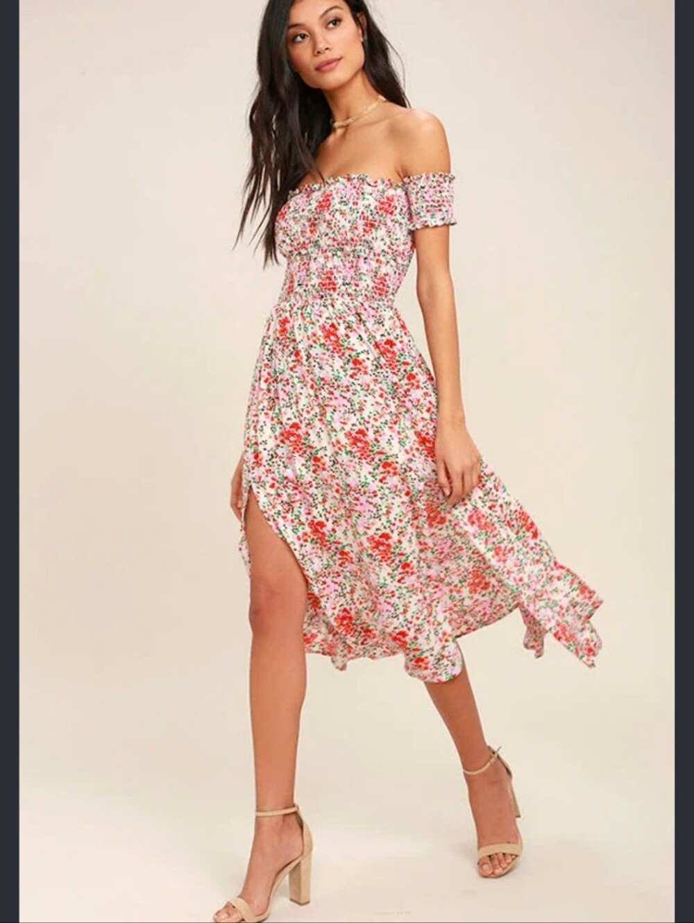 Lulu's Cream Off-Shoulder Floral High-Low Midi Dress Size XS New